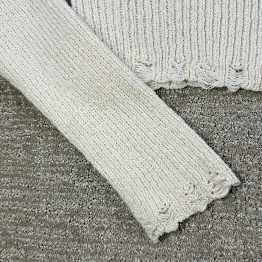 Full Tilt Cropped Knit Hoodie Sweater Womens M Ivory Zip Up Distressed Hem Y2K - Picture 8 of 11